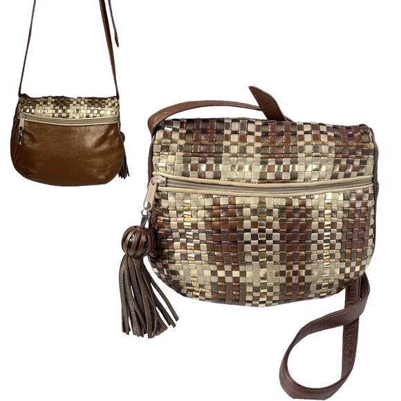 Sharif Metallic Gold Woven LEATHER HANDBAG Plaid Shoulder Crossbody Bag Tassel - Picture 13 of 13